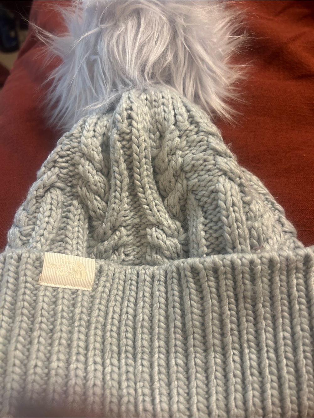The North Face Light Gray Cable-Knit Pom Beanie